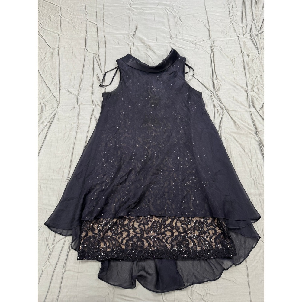SLNY Black Chiffon Lace Sequin Overlay Cocktail Dress Size 16 Sleeveless Evening